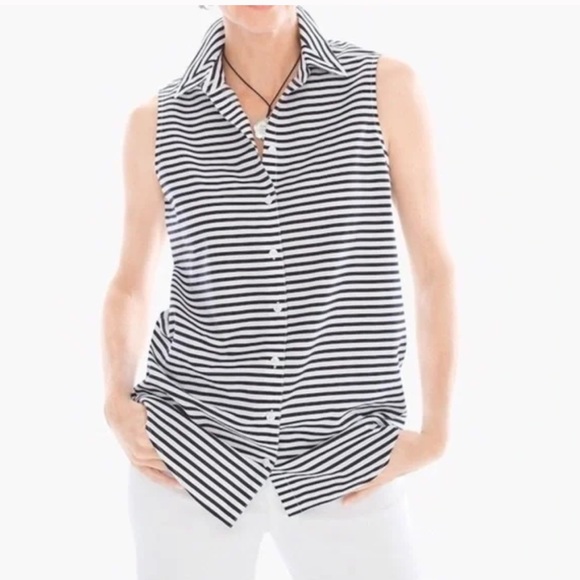 Chico’s Striped No Iron Sleeveless Button Down Shirt Size 1/M - Picture 1 of 12